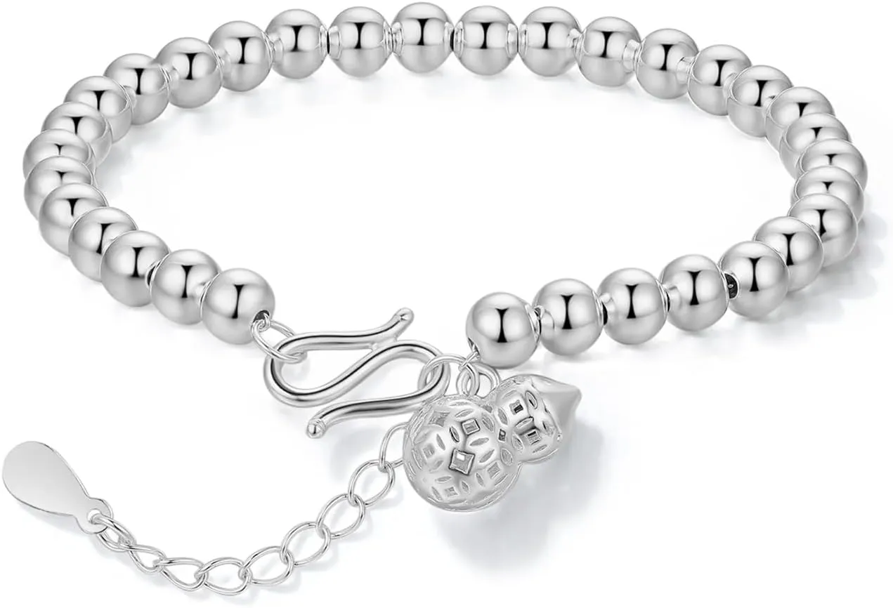 Sterling Silver Gourd(Wulu) Bracelet Silver 5mm Round Bead Ball Bracelet for Women Girlfriend 6.3"-7.5"