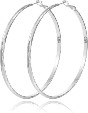 Sterling Silver Hoop Earrings - Diamond-Cut Circle Hoops, Hypoallergenic, 3mm Thin, Oversize 20/30/40/50/60mm