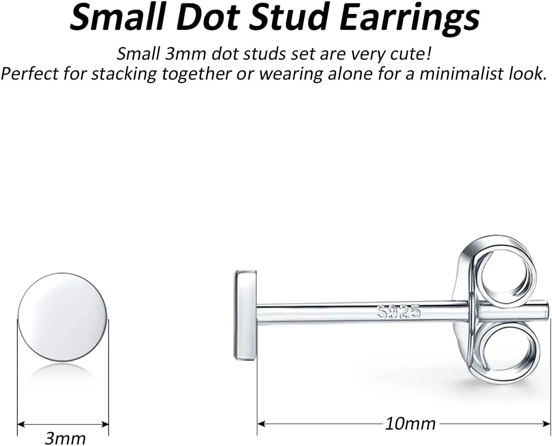 Sterling Silver Stud Earrings for Women, Tiny Flat Dot Earrings Set | Small Hypoallergenic Circle Stud Earrings | Dainty Round Tragus Cartilage Studs for Men (2mm/3mm/4mm)