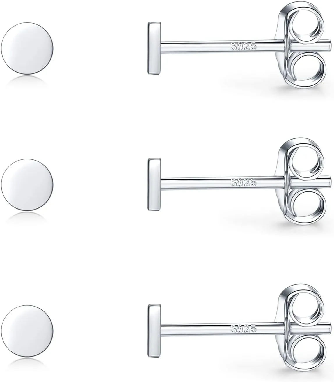 Sterling Silver Stud Earrings for Women, Tiny Flat Dot Earrings Set | Small Hypoallergenic Circle Stud Earrings | Dainty Round Tragus Cartilage Studs for Men (2mm/3mm/4mm)