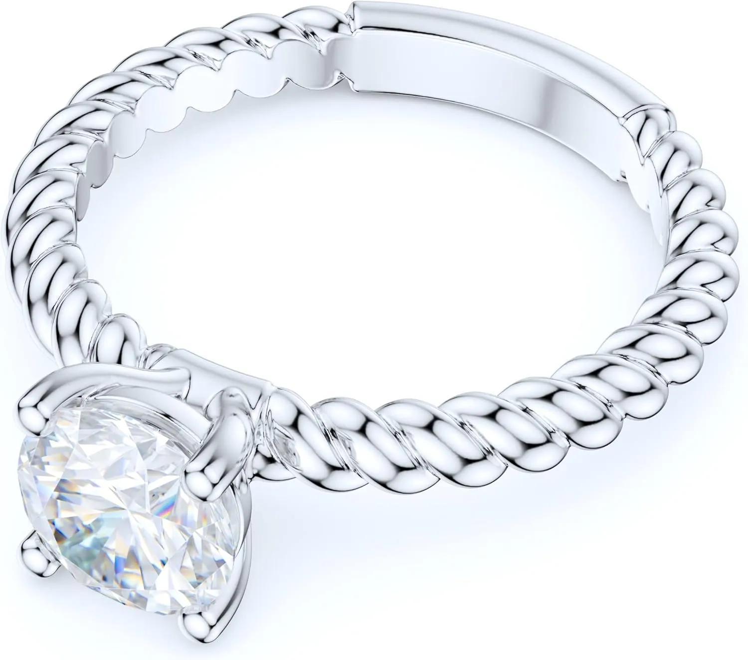 Sterling Silver Twisted Rope Comfortable Shank 1CT Simulated Round Brilliant Diamond or Genuine Moissanite Promise Solitaire Engagement Ring