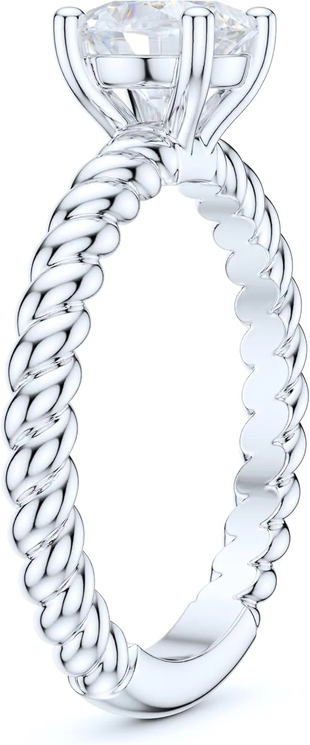 Sterling Silver Twisted Rope Comfortable Shank 1CT Simulated Round Brilliant Diamond or Genuine Moissanite Promise Solitaire Engagement Ring