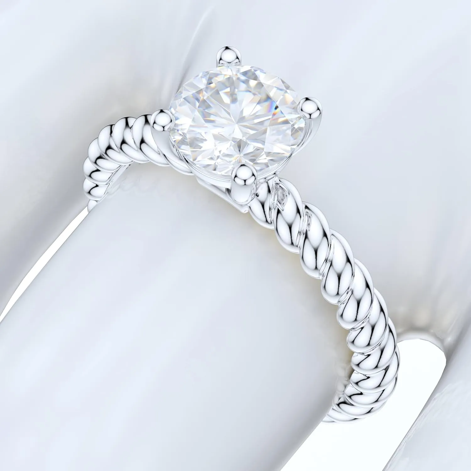 Sterling Silver Twisted Rope Comfortable Shank 1CT Simulated Round Brilliant Diamond or Genuine Moissanite Promise Solitaire Engagement Ring