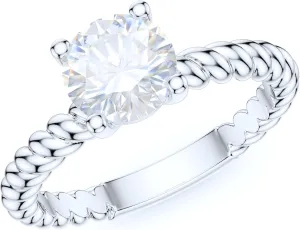 Sterling Silver Twisted Rope Comfortable Shank 1CT Simulated Round Brilliant Diamond or Genuine Moissanite Promise Solitaire Engagement Ring