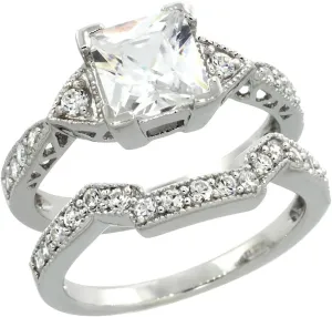 Sterling Silver Vintage Style 2-Pc. Square Engagement Ring Set w/Princess (7mm) & Brilliant Cut CZ Stones, 5/16 in. (7.5mm) Wide