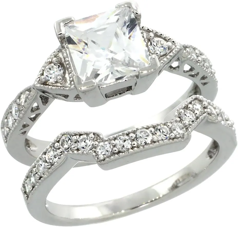 Sterling Silver Vintage Style 2-Pc. Square Engagement Ring Set w/Princess (7mm) & Brilliant Cut CZ Stones, 5/16 in. (7.5mm) Wide
