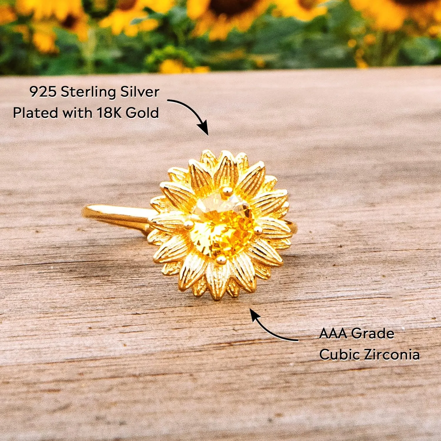 STORYJEWELLERY Story Jewellery Sunflower Ring for Women, Gold Plated Sunflower Ring for Girl, You Are My Sunshine Ring for Women, Birthday Christmas Valentines Gifts Rings for Girls