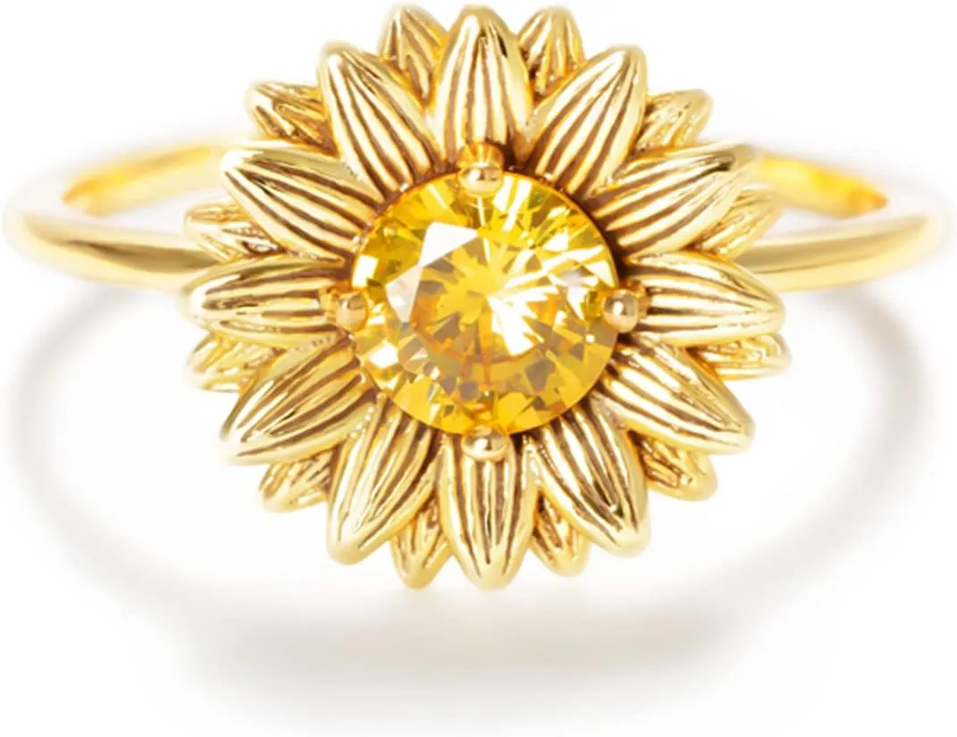STORYJEWELLERY Story Jewellery Sunflower Ring for Women, Gold Plated Sunflower Ring for Girl, You Are My Sunshine Ring for Women, Birthday Christmas Valentines Gifts Rings for Girls