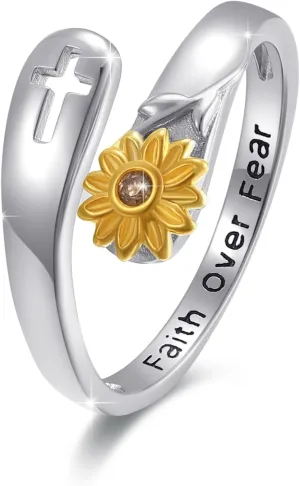 Sunflower Faith Ring,Sunflower Cross Rings,Sterling Silver Adjustable You Are My Sunshine Cross Wrap Ring Christian Fashion Band Ring for Women with "Faith over Fear"Engraved