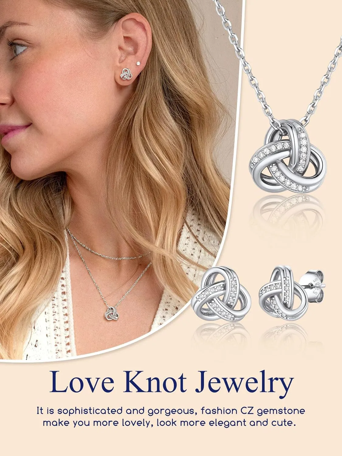 Suplight 925 Sterling Silver Love Knot Pendant Necklaces/Stud Earrings, Forever Love Infinity Diamond Dainty Silver Earrings/Necklaces, BFF Friendship Knot Wedding Engagement Christmas Gifts