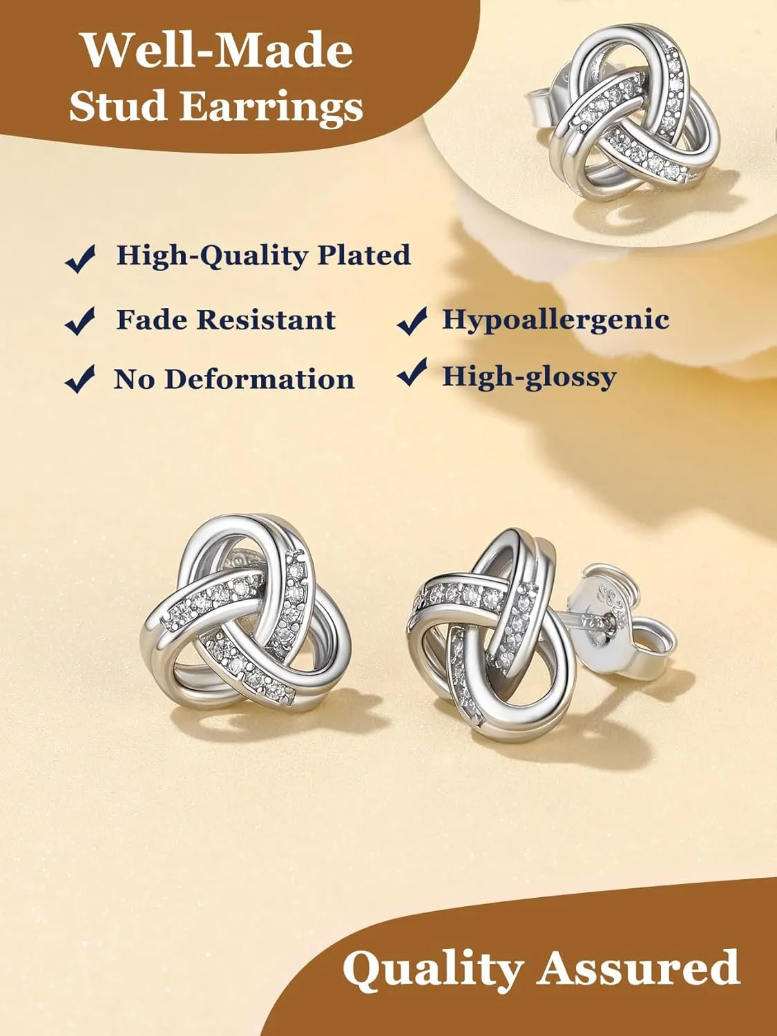 Suplight 925 Sterling Silver Love Knot Pendant Necklaces/Stud Earrings, Forever Love Infinity Diamond Dainty Silver Earrings/Necklaces, BFF Friendship Knot Wedding Engagement Christmas Gifts