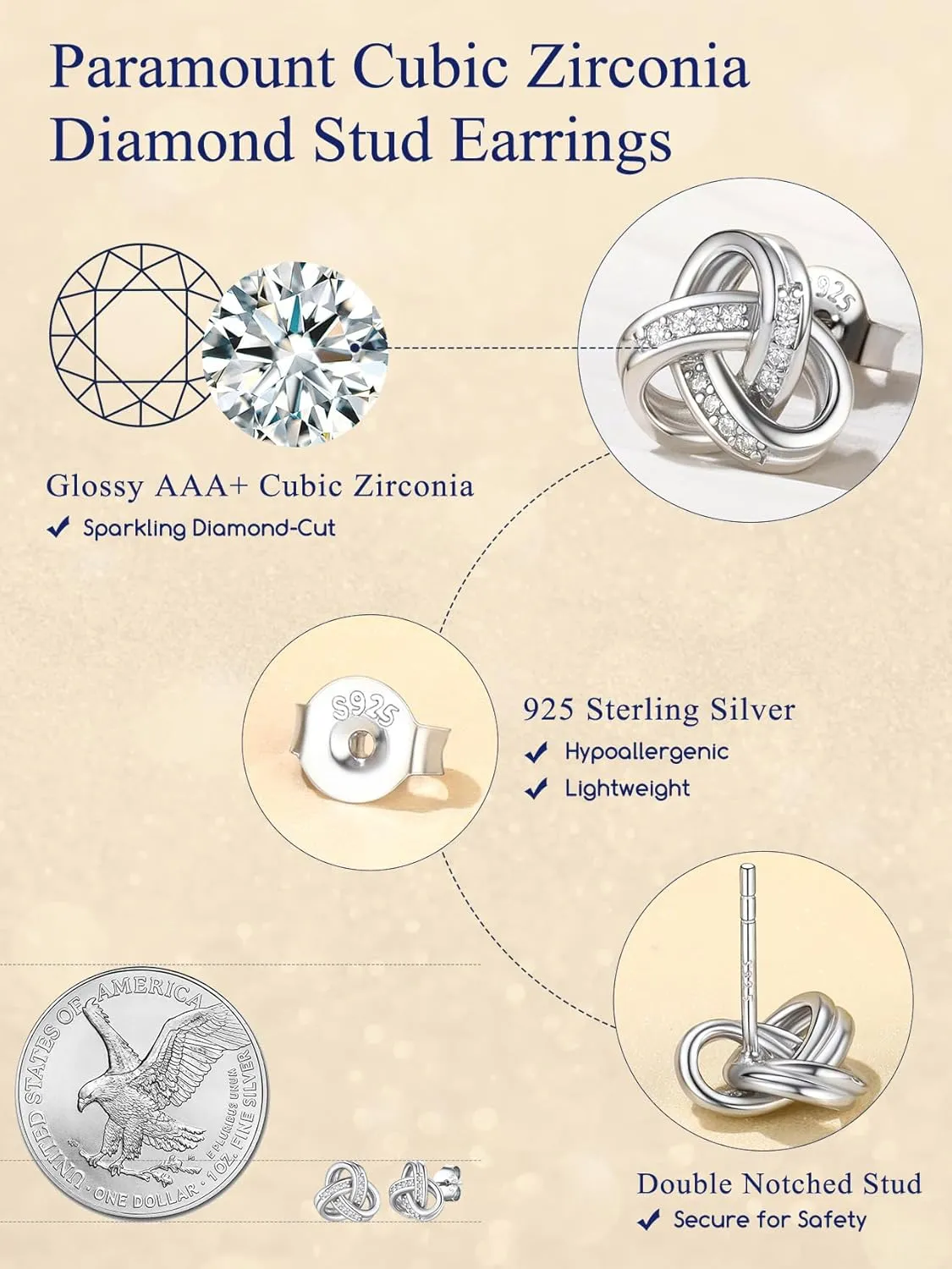 Suplight 925 Sterling Silver Love Knot Pendant Necklaces/Stud Earrings, Forever Love Infinity Diamond Dainty Silver Earrings/Necklaces, BFF Friendship Knot Wedding Engagement Christmas Gifts