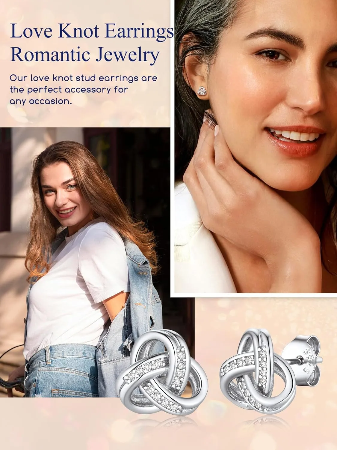 Suplight 925 Sterling Silver Love Knot Pendant Necklaces/Stud Earrings, Forever Love Infinity Diamond Dainty Silver Earrings/Necklaces, BFF Friendship Knot Wedding Engagement Christmas Gifts