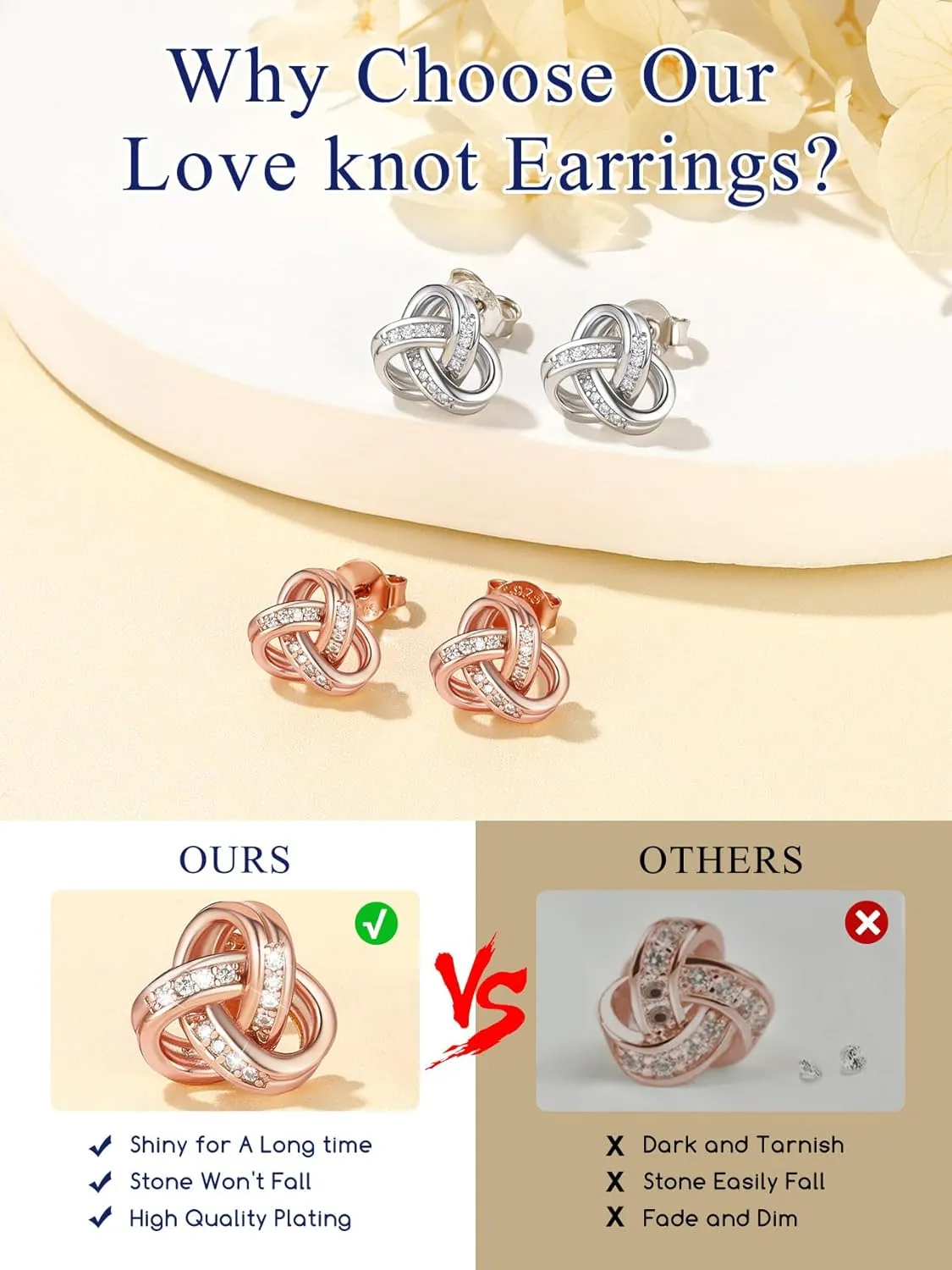 Suplight 925 Sterling Silver Love Knot Pendant Necklaces/Stud Earrings, Forever Love Infinity Diamond Dainty Silver Earrings/Necklaces, BFF Friendship Knot Wedding Engagement Christmas Gifts