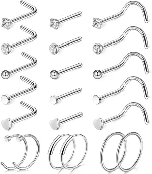 Surgical Steel Nose Septum Horseshoe Hoop Earring Eyebrow Tragus Lip Piercing Ring Set (21 Pcs)