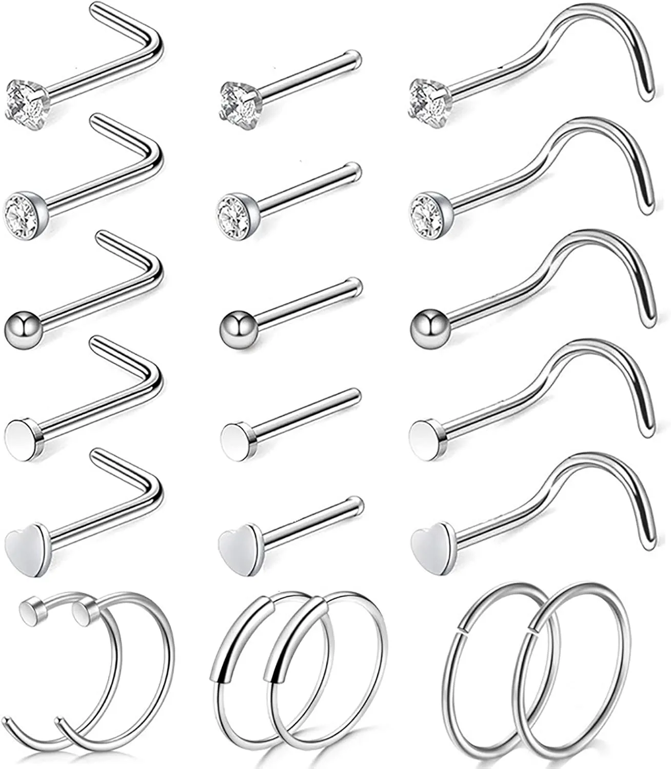 Surgical Steel Nose Septum Horseshoe Hoop Earring Eyebrow Tragus Lip Piercing Ring Set (21 Pcs)