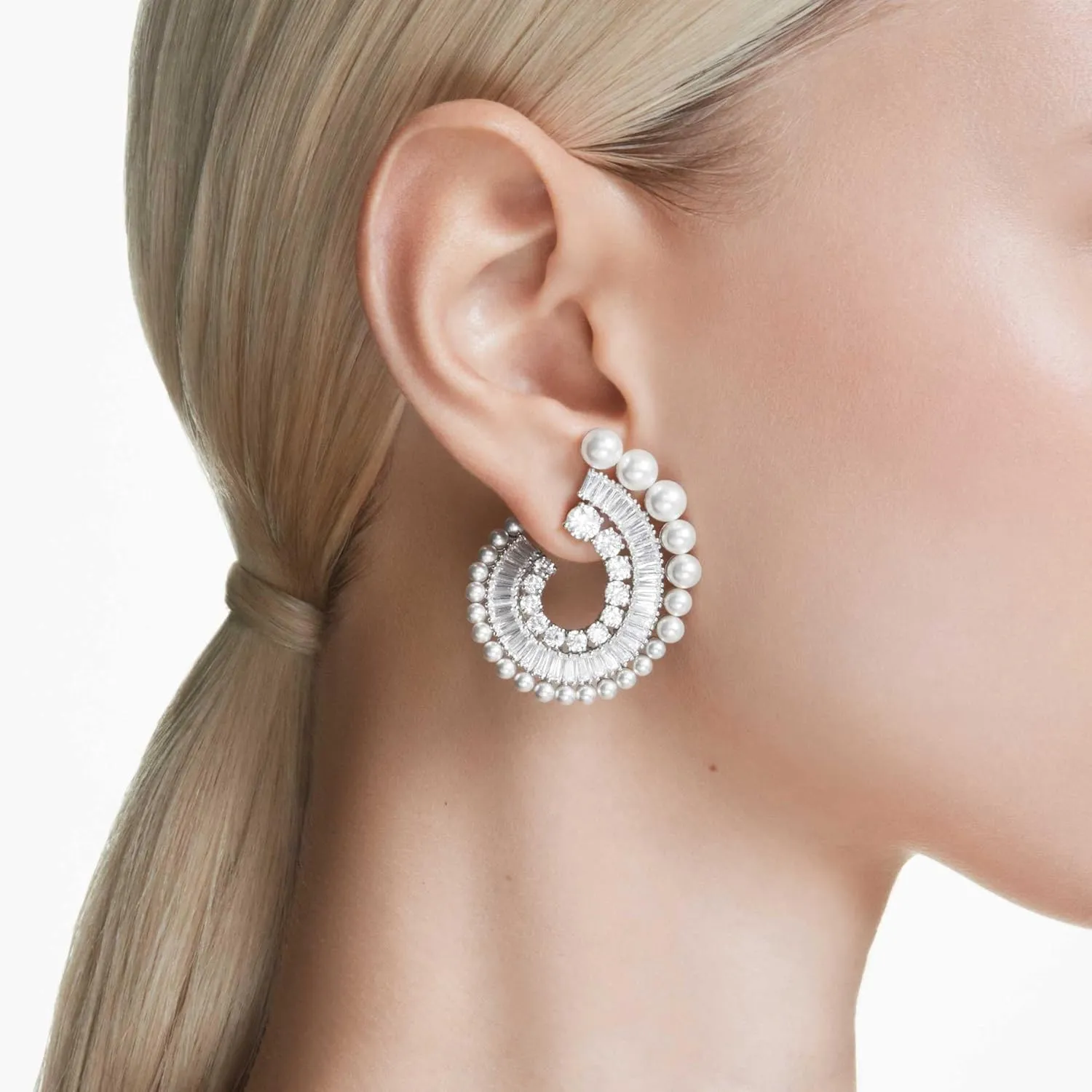 Swarovski Ariana Grande Earrings Jewelry Collection, Clear Crystal & Pearls, Rhodium Finish