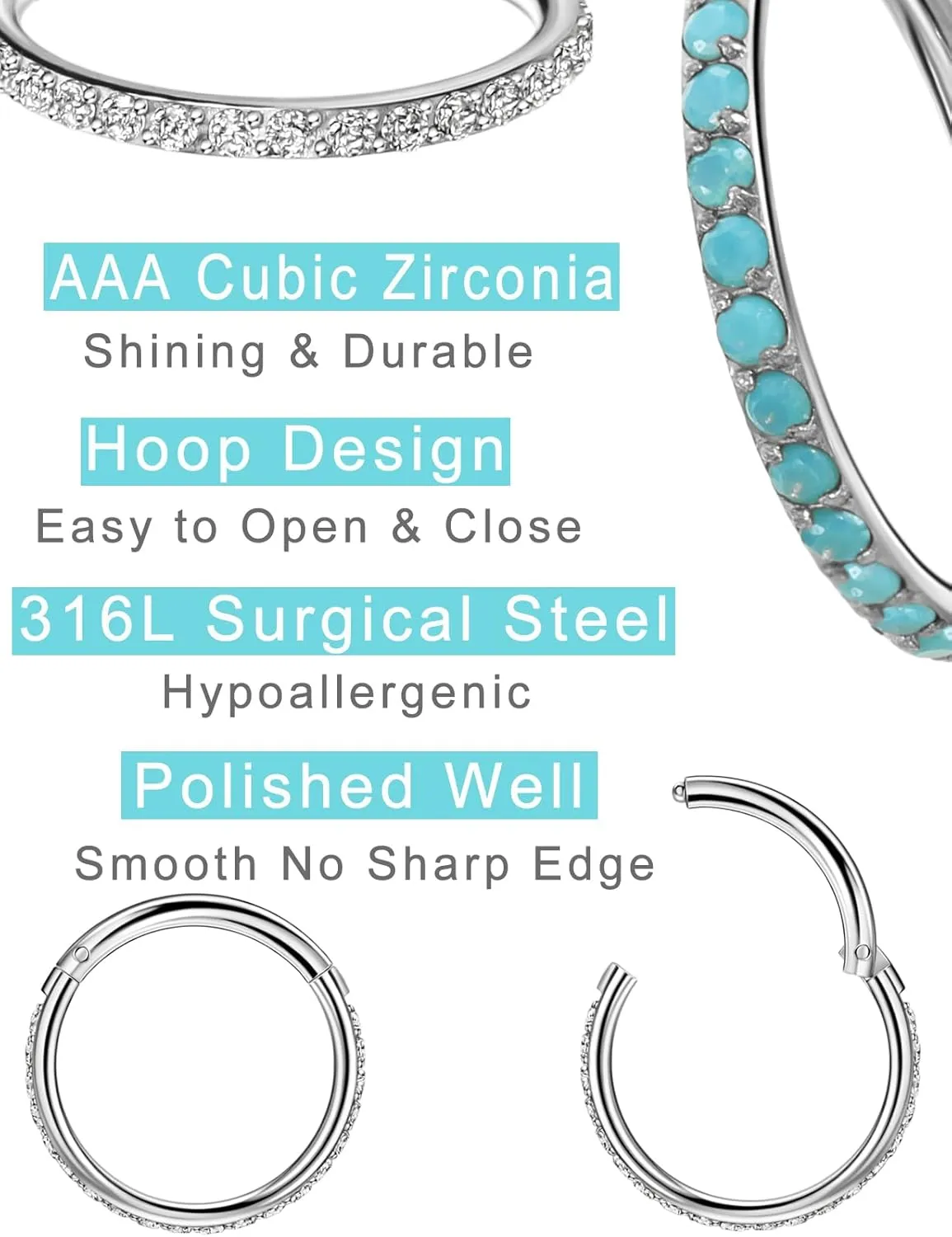 TDEBA 20G 18G 16G Clear CZ Nose Rings Hoop, 316L Surgical Steel Cartilage Earrings Hoop, 5-12mm Daith Helix Rook Tragus Piercing Jewelry, Stainless Steel Earring Silver Conch Piercing Jewelry