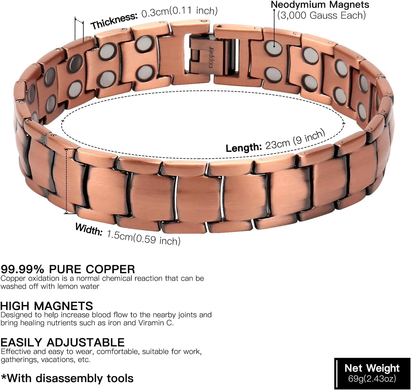 THE NORTH RING 99.9% Pure Copper Magnetic Bracelet - 3000 Gauss Magnetic Copper Bracelets for Men - Double-Row Strong Magnets Adjustable