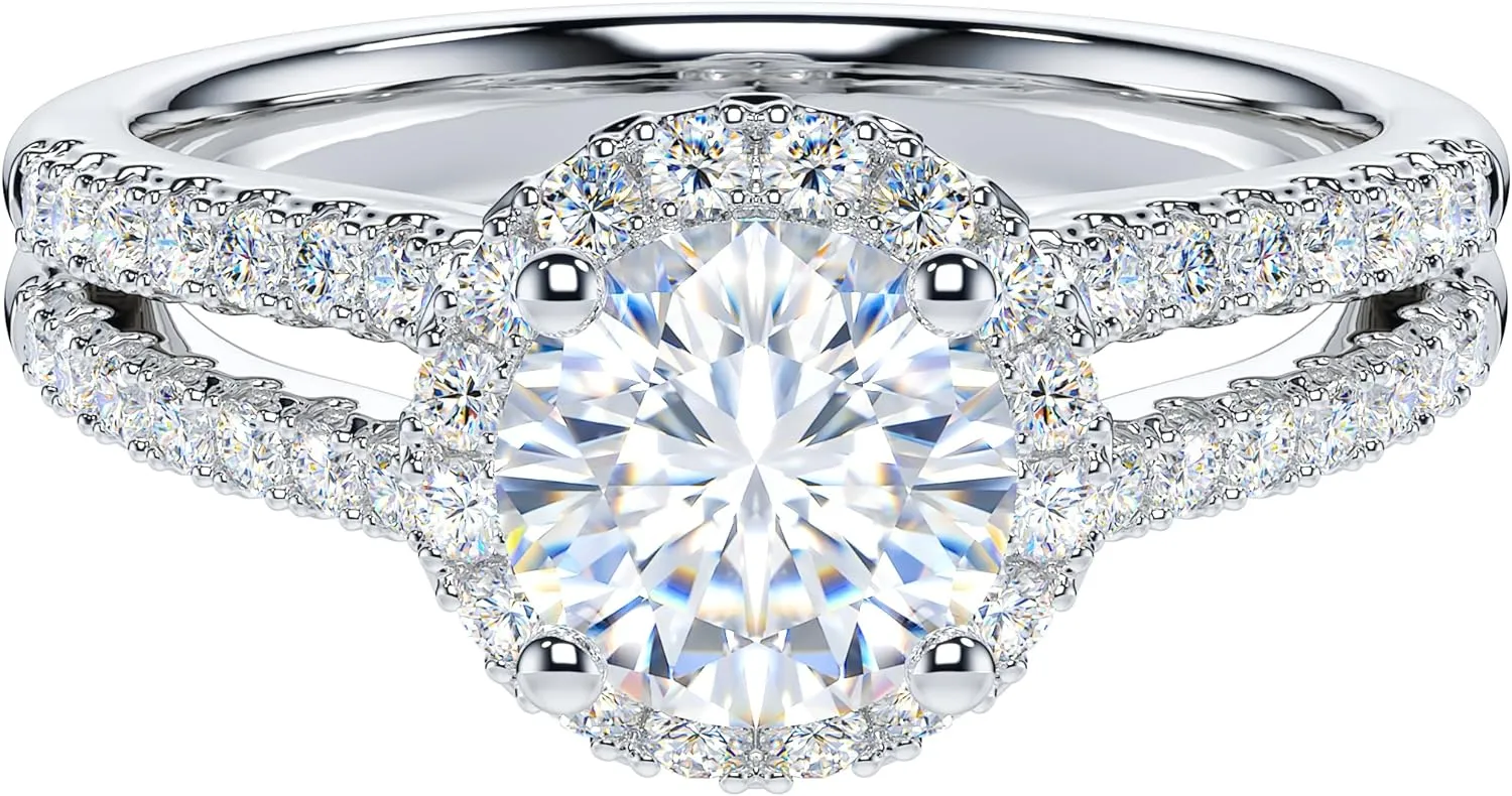 THELANDA 1CT Round Brilliant Cut Sterling Silver Split Shank Halo Promise Ring Engagement Ring For Her