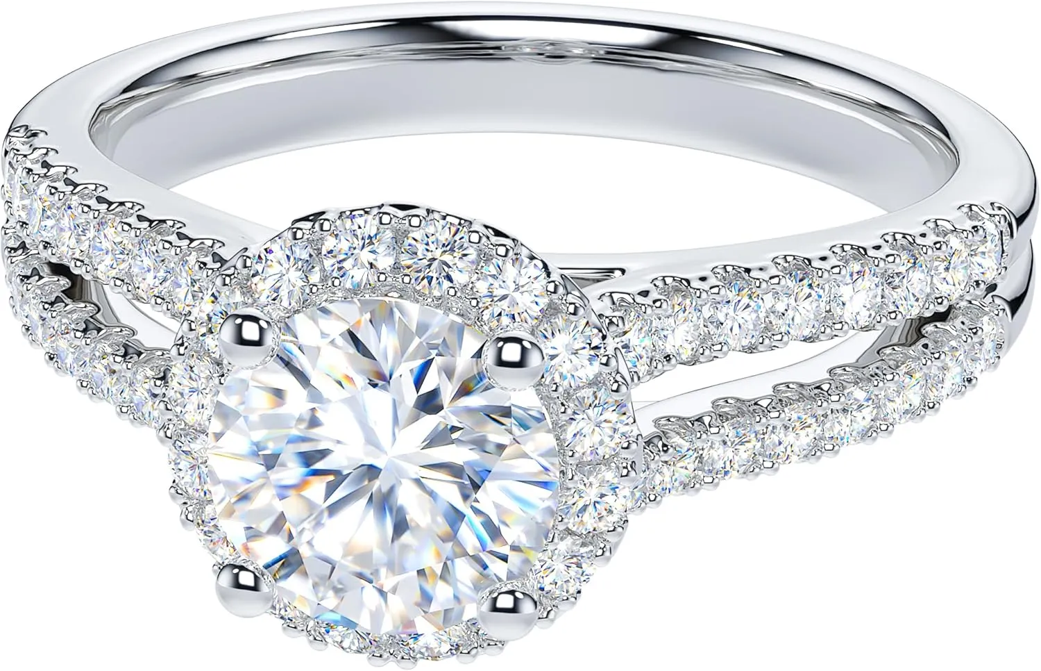 THELANDA 1CT Round Brilliant Cut Sterling Silver Split Shank Halo Promise Ring Engagement Ring For Her