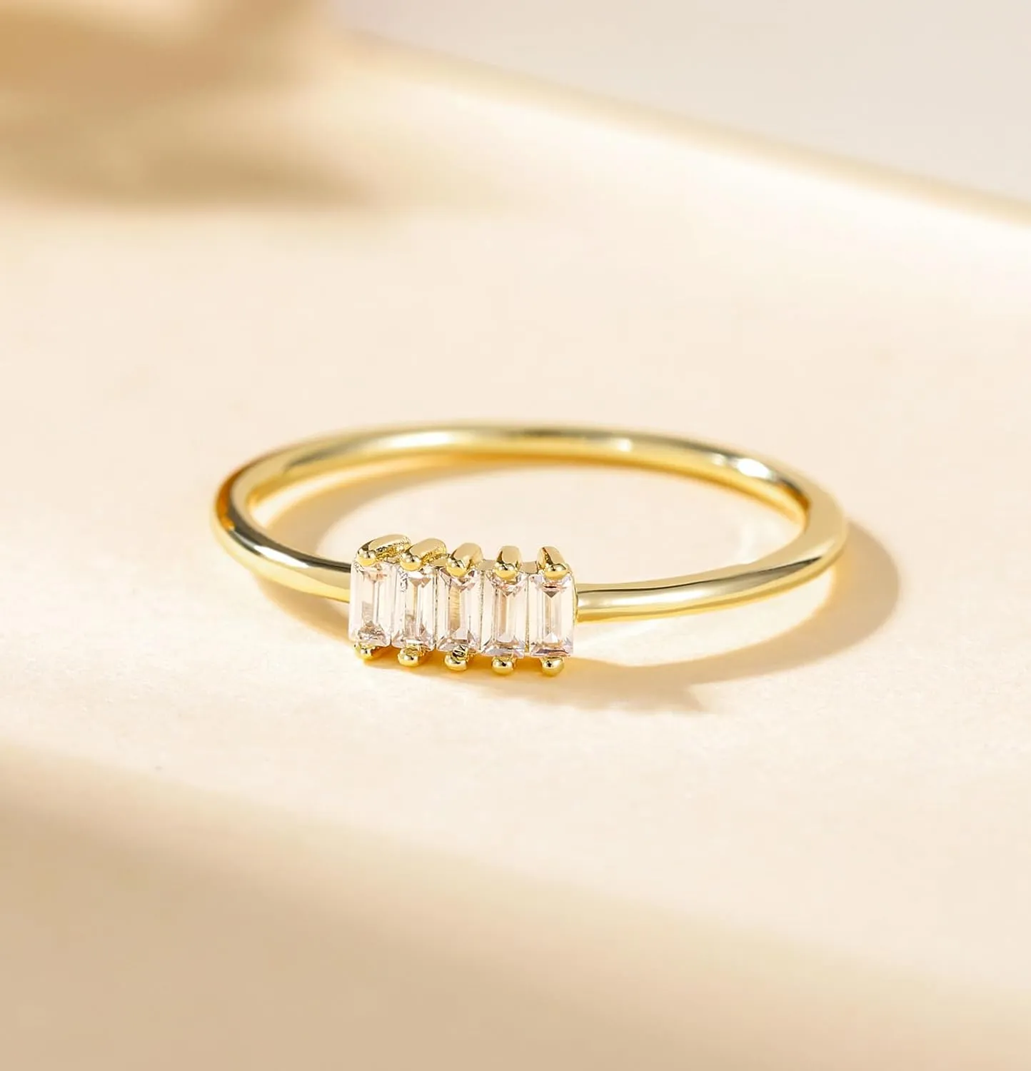 TIGRADE 1.5mm Eternity Ring 14k Gold Plated Stacking Ring Baguette Cubic Zirconia Petite Wedding Band for Women Size 3-12