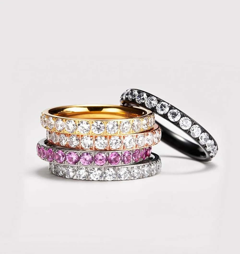 TIGRADE 3mm Women Titanium Engagement Ring Cubic Zirconia Eternity Wedding Band Size 3-13.5