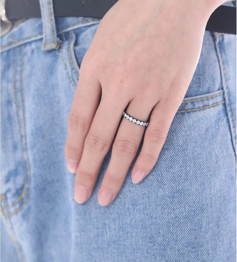 TIGRADE 3mm Women Titanium Engagement Ring Cubic Zirconia Eternity Wedding Band Size 3-13.5