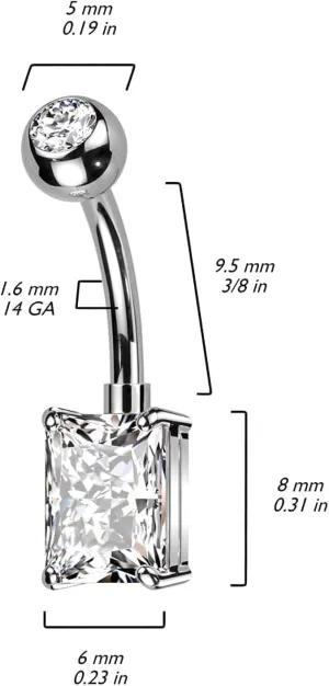 Titanium With Pressed Fit CZ Top and Rectangle Brass Prong CZ Belly Button Navel Ring