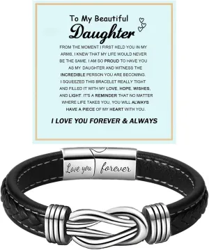To My Daughter Love You Forever Bracelet, Mother and Daughter Braided Leather Inspirational Wristband Stainless Steel Infinity Knot Engraved Bangle Gift from Mom
