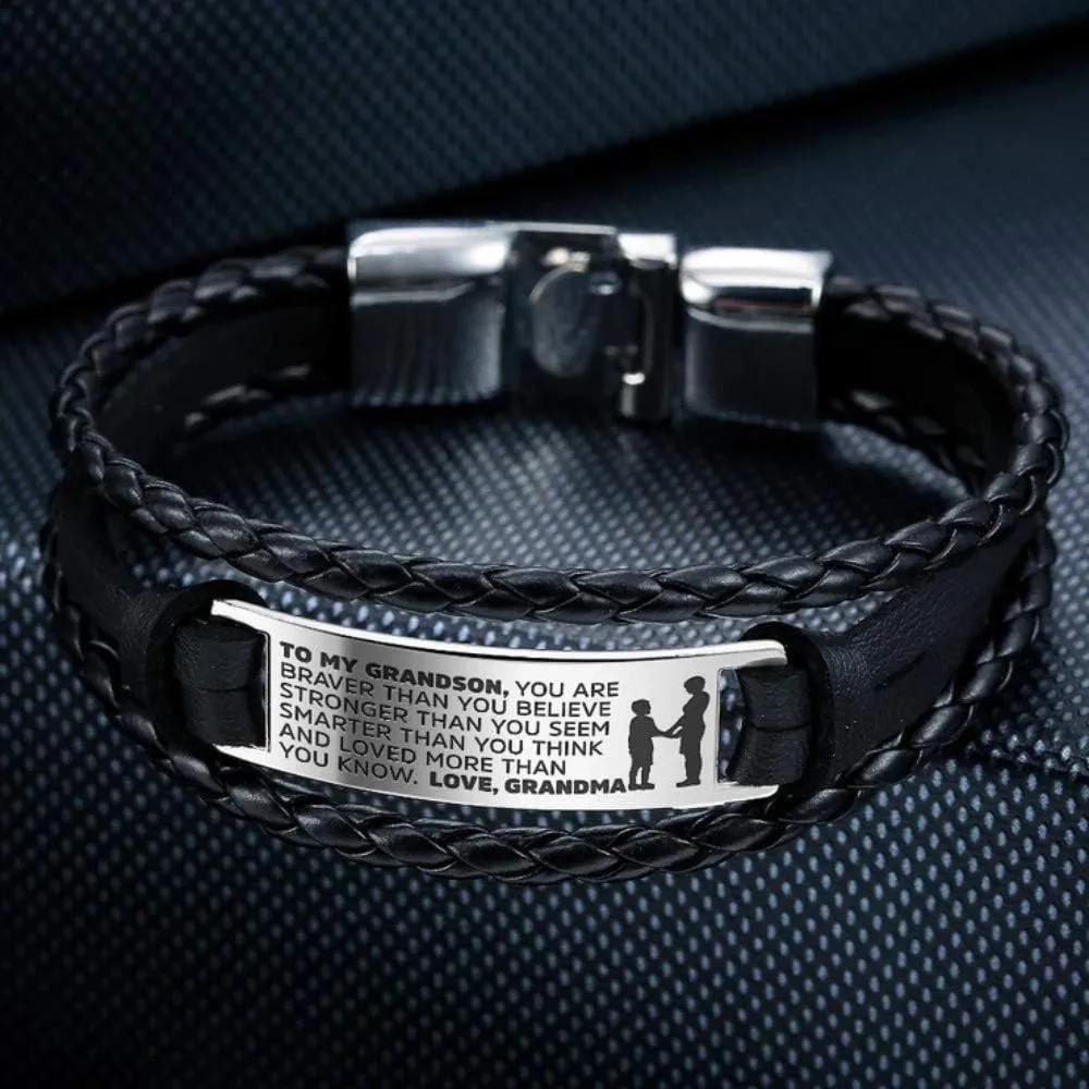 To My Grandson Bracelets, Stainless Steel Leather Inspirational Wristband, Grandson Bracelet From Grandma, Grandson Gift