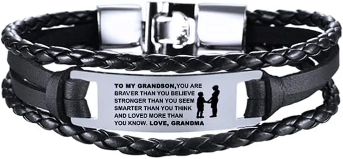 To My Grandson Bracelets, Stainless Steel Leather Inspirational Wristband, Grandson Bracelet From Grandma, Grandson Gift