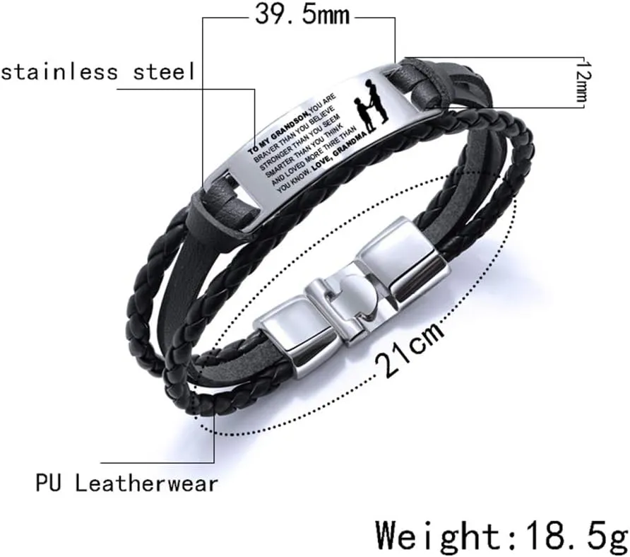 To My Grandson Bracelets, Stainless Steel Leather Inspirational Wristband, Grandson Bracelet From Grandma, Grandson Gift
