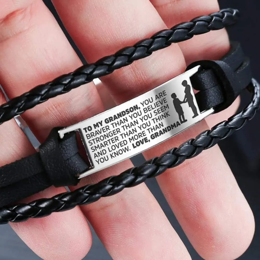 To My Grandson Bracelets, Stainless Steel Leather Inspirational Wristband, Grandson Bracelet From Grandma, Grandson Gift