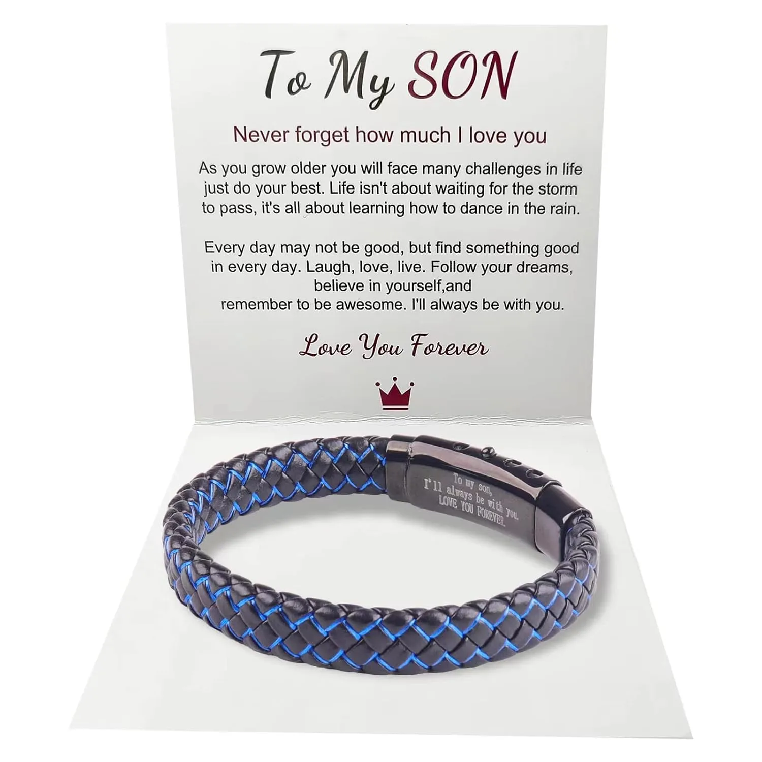 To My Son Blue Bracelet Love You Forever Adjustable Cuff Bangle Bracelet,Men's Stainless Braided Leather Bracelet Bangle Wristband Graduation Birthday Gift