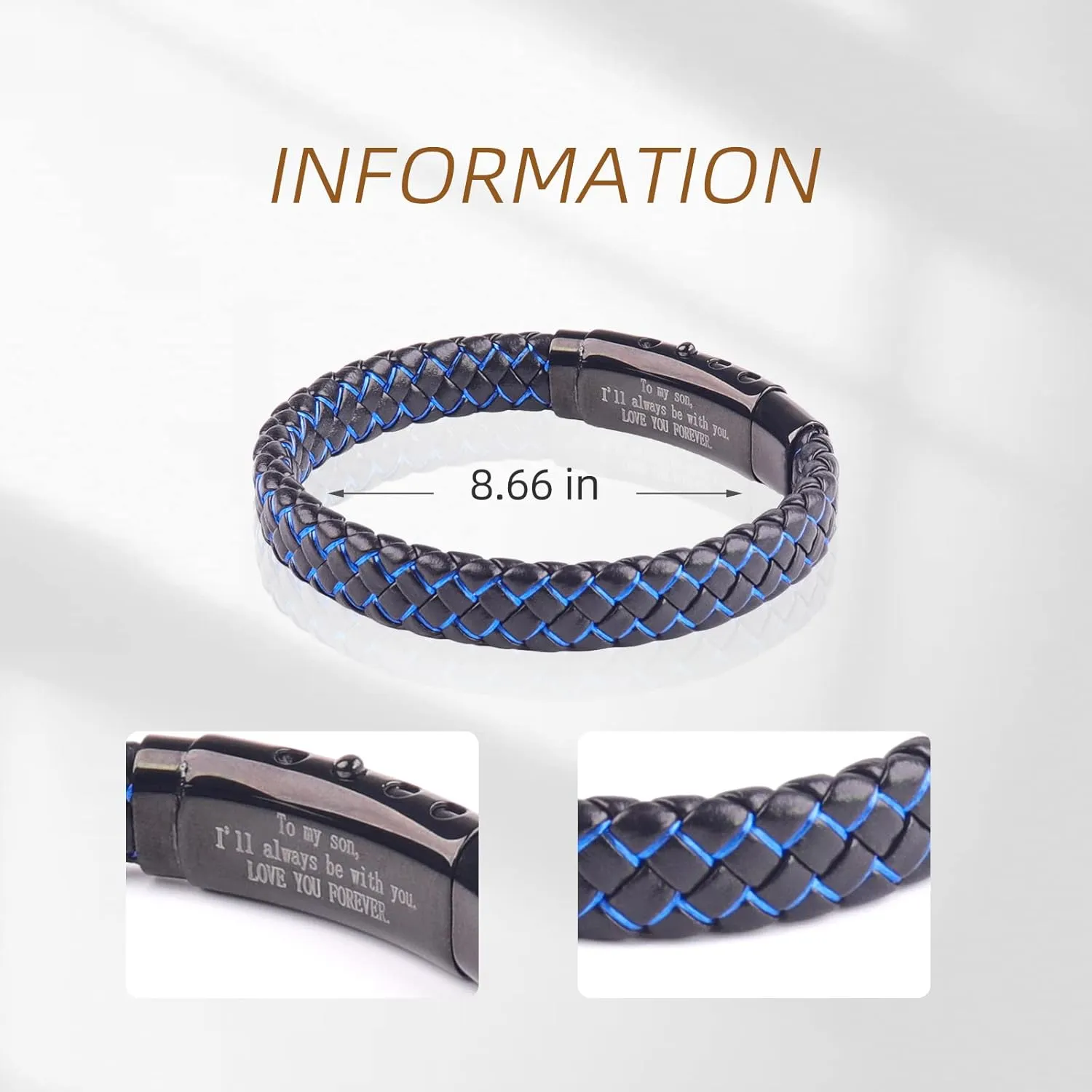 To My Son Blue Bracelet Love You Forever Adjustable Cuff Bangle Bracelet,Men's Stainless Braided Leather Bracelet Bangle Wristband Graduation Birthday Gift