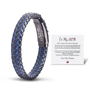 To My Son Blue Bracelet Love You Forever Adjustable Cuff Bangle Bracelet,Men's Stainless Braided Leather Bracelet Bangle Wristband Graduation Birthday Gift