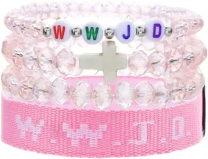 Todu 4Pcs Cross Bracelet WWJD Braided Rope Crystal Beaded Wristband Bracelets What Would Jesus Do Inspirational Religious Faith Christian Jewelry for Women Men