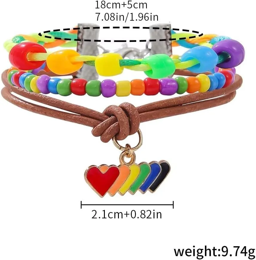 Todu Rainbow Bracelets Pride Bracelet Rope Multi-Layer Beaded Love Heart Bracelet Colorful For Women Girls Men Friendship Summer Beach Jewelry Gift