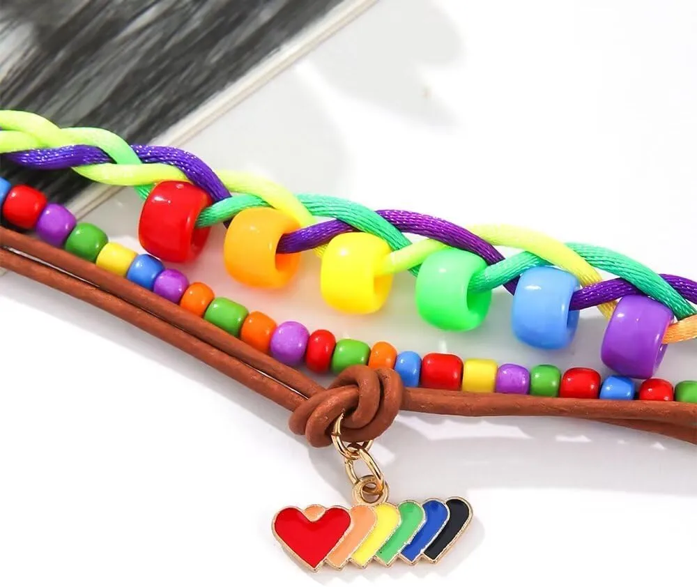 Todu Rainbow Bracelets Pride Bracelet Rope Multi-Layer Beaded Love Heart Bracelet Colorful For Women Girls Men Friendship Summer Beach Jewelry Gift