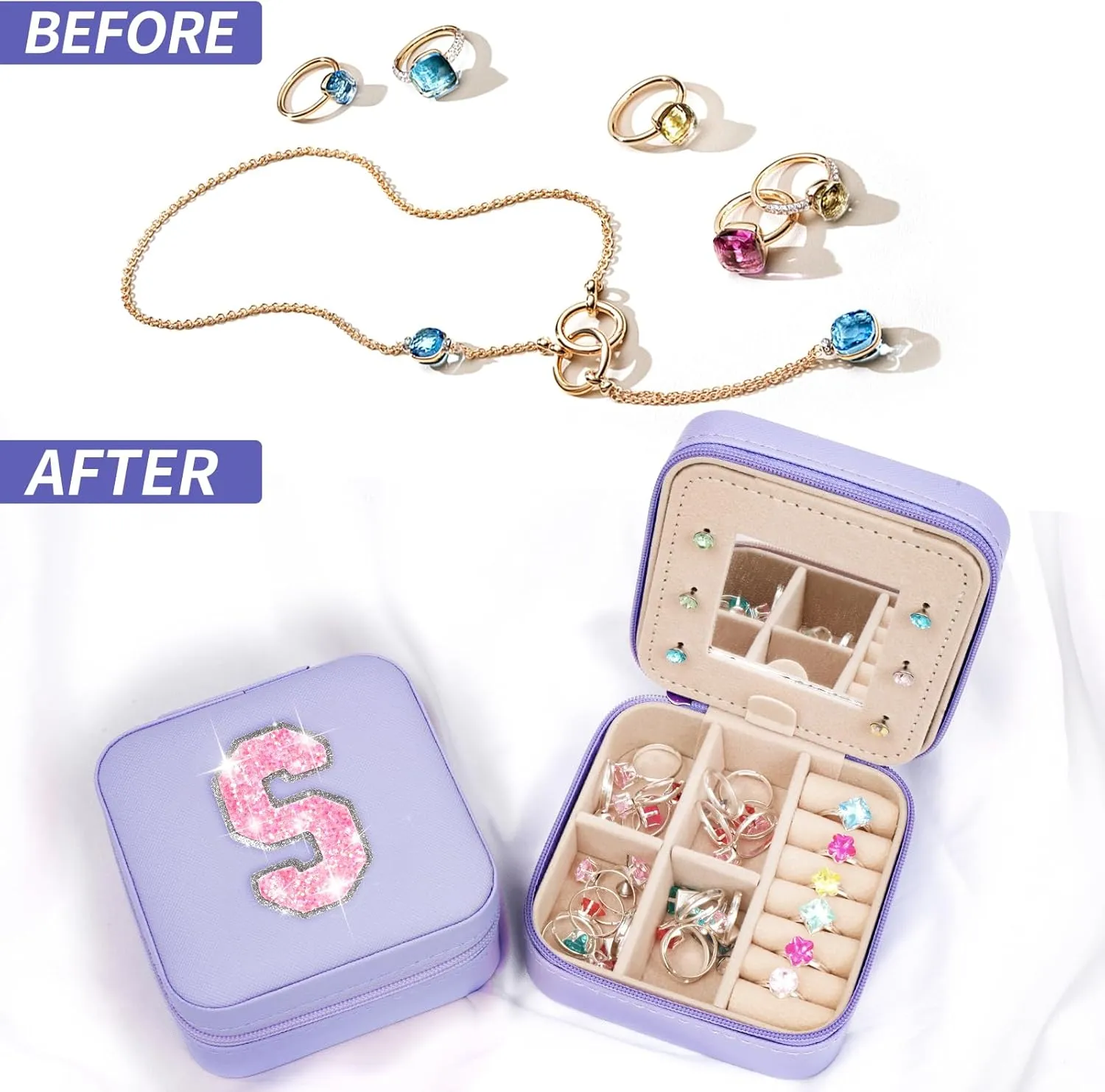 Travel Jewelry Case - Personalized Jewelry Box for Women, Small Jewelry Organizer and Storage Aesthetic, Travel Essentials Birthday Gifts for Girls Women | Lavender