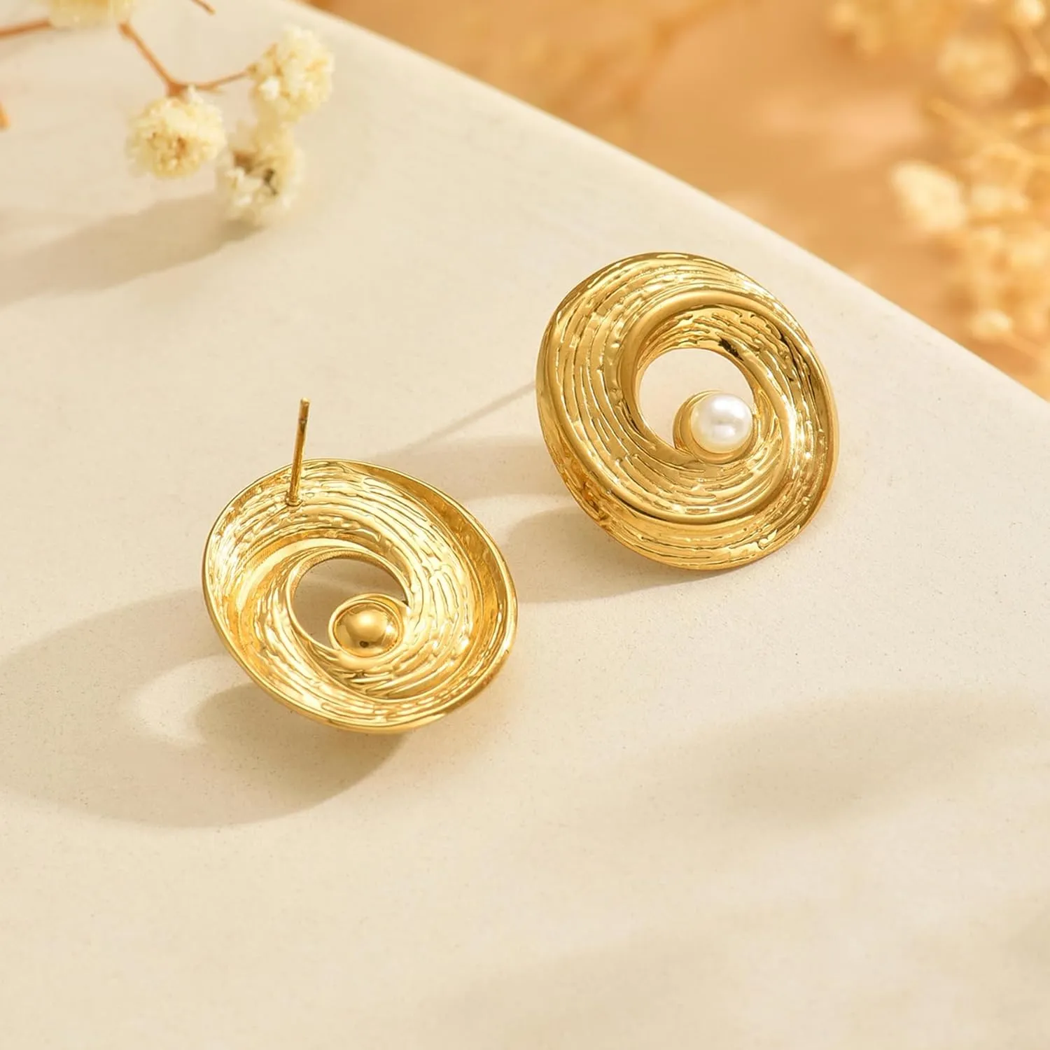 Trendy Gold Earrings for Women 18K Gold Plated Dainty Geometric Stud Earring Simple Minimalist Pearls Stud Hypoallergenic Earring for Everyday Jewelry