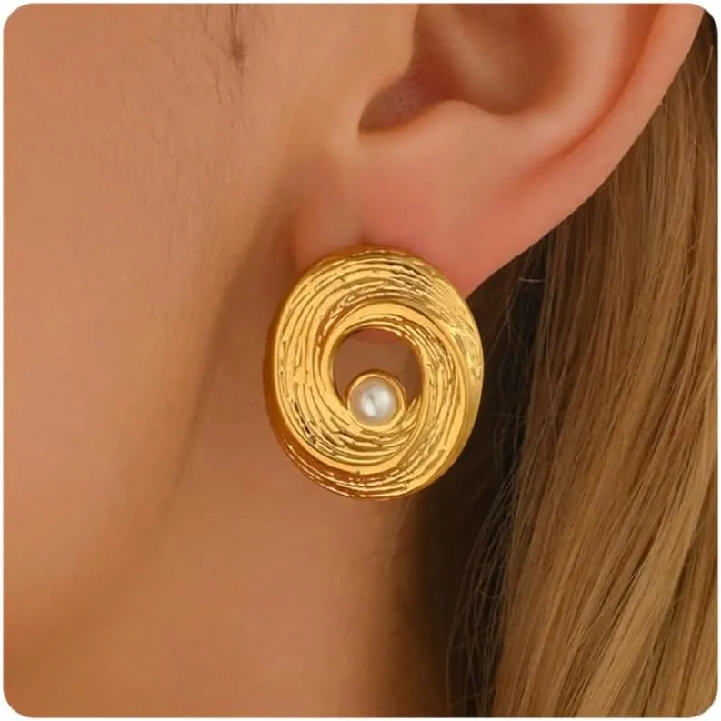 Trendy Gold Earrings for Women 18K Gold Plated Dainty Geometric Stud Earring Simple Minimalist Pearls Stud Hypoallergenic Earring for Everyday Jewelry