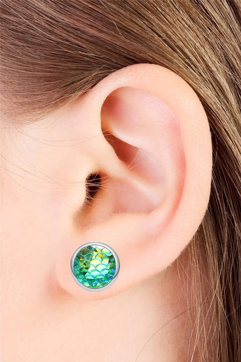 Trio Mermaid Scale Silver Tone Stud Earrings Seafoam Clear AB Blue Best Friend for Women
