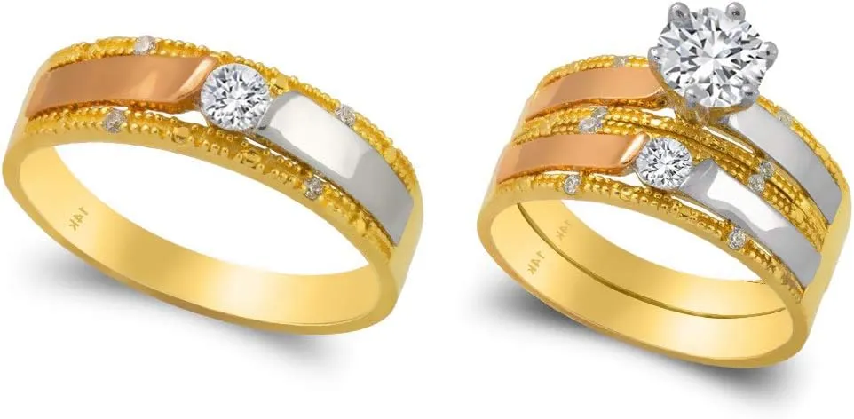 Trio Ring Set 14k Gold - 3 Piece Wedding His Engagement Her Band Rings Sets - Round Cubic Zirconia CZ for Couple Mens and Women - Anillos de Matrimonio