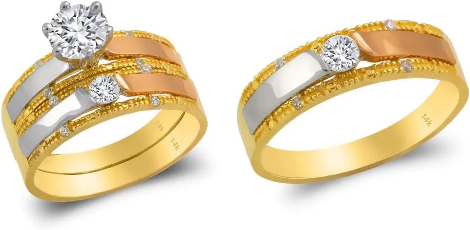 Trio Ring Set 14k Gold - 3 Piece Wedding His Engagement Her Band Rings Sets - Round Cubic Zirconia CZ for Couple Mens and Women - Anillos de Matrimonio
