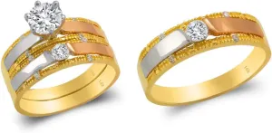 Trio Ring Set 14k Gold - 3 Piece Wedding His Engagement Her Band Rings Sets - Round Cubic Zirconia CZ for Couple Mens and Women - Anillos de Matrimonio