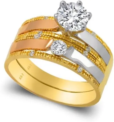 Trio Ring Set 14k Gold - 3 Piece Wedding His Engagement Her Band Rings Sets - Round Cubic Zirconia CZ for Couple Mens and Women - Anillos de Matrimonio