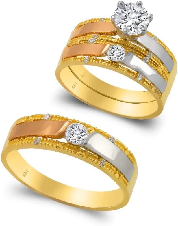Trio Ring Set 14k Gold - 3 Piece Wedding His Engagement Her Band Rings Sets - Round Cubic Zirconia CZ for Couple Mens and Women - Anillos de Matrimonio