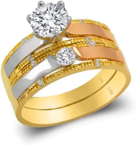 Trio Ring Set 14k Gold - 3 Piece Wedding His Engagement Her Band Rings Sets - Round Cubic Zirconia CZ for Couple Mens and Women - Anillos de Matrimonio